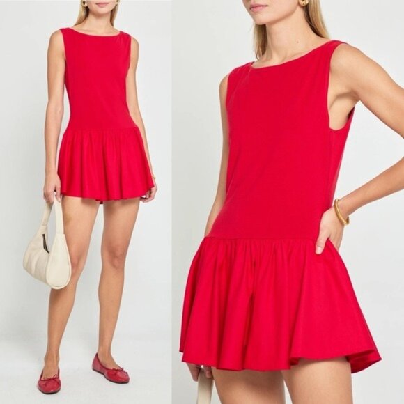 NWT o.p.t Helene Mini Dress XS Red Sleeveless Combination Puff Flared Bubble - Picture 1 of 12